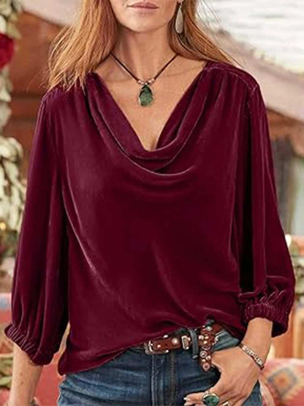 Cowl Neck Three-Quarter Sleeve Top - Trendsi - Flyclothing LLC