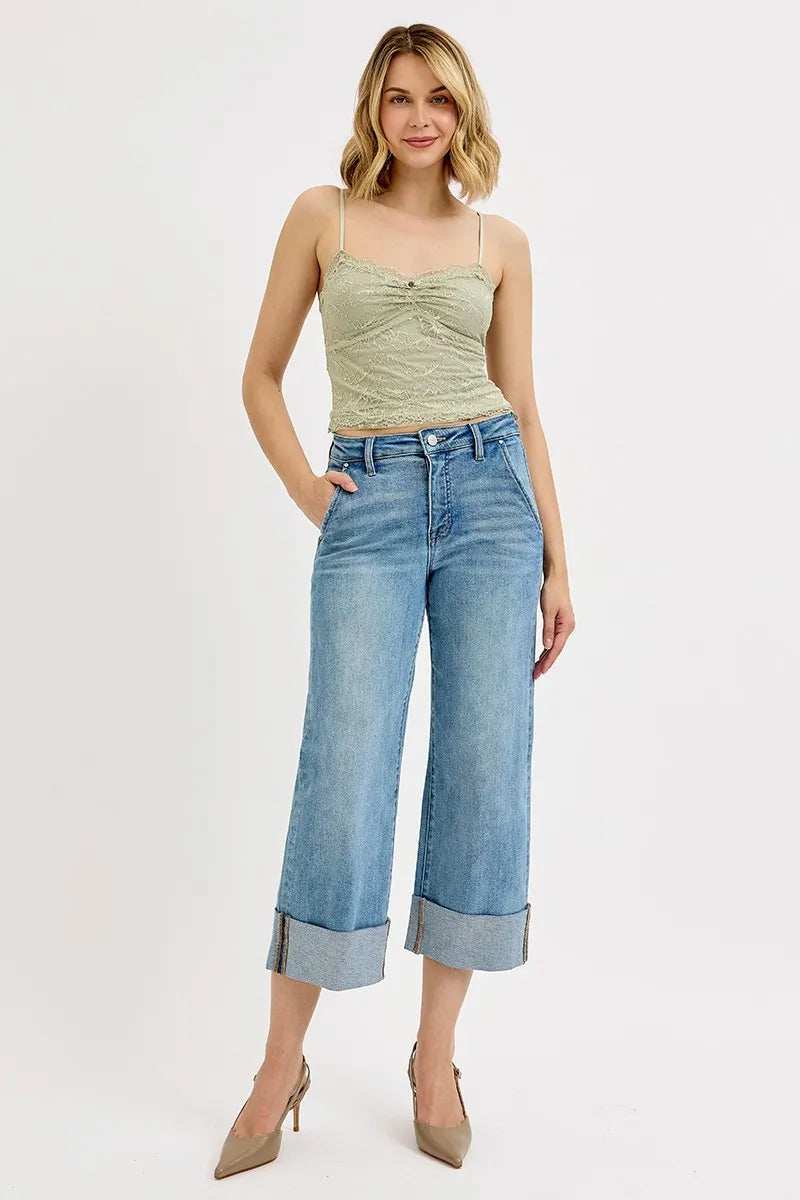 RISEN Full Size Tummy Control High Rise Ankle Wide Cuffed Jeans Plus Size - Trendsi - Flyclothing LLC