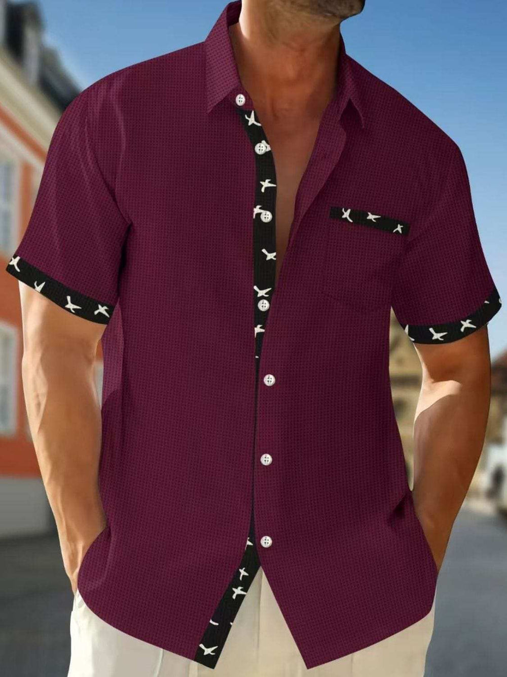 Men's Full Size Contrast Trim Waffle Knit Short Sleeve Shirt Plus Size - Trendsi - Flyclothing LLC