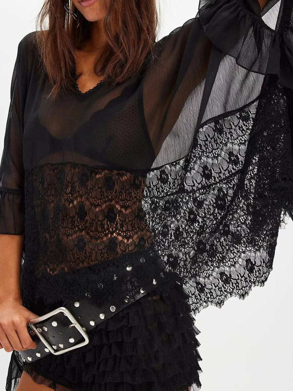 Lace V-Neck Ruffle Long Sleeve Cover-Up - Trendsi - Flyclothing LLC