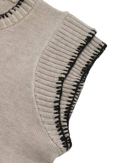 Perfee Contrast Trim Round Neck Cap Sleeve Knit Top - Trendsi - Flyclothing LLC