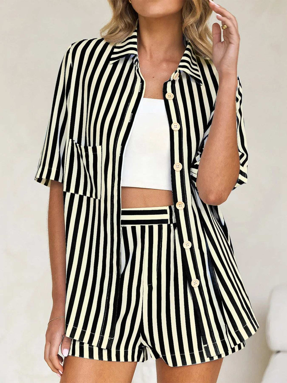 Striped Button Up Shirt and Shorts Set - Trendsi - Flyclothing LLC