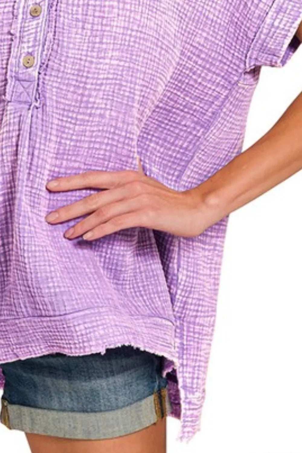 Zenana Washed Double Gauze 3/4 Button Henley Neck Shirt - Trendsi - Flyclothing LLC