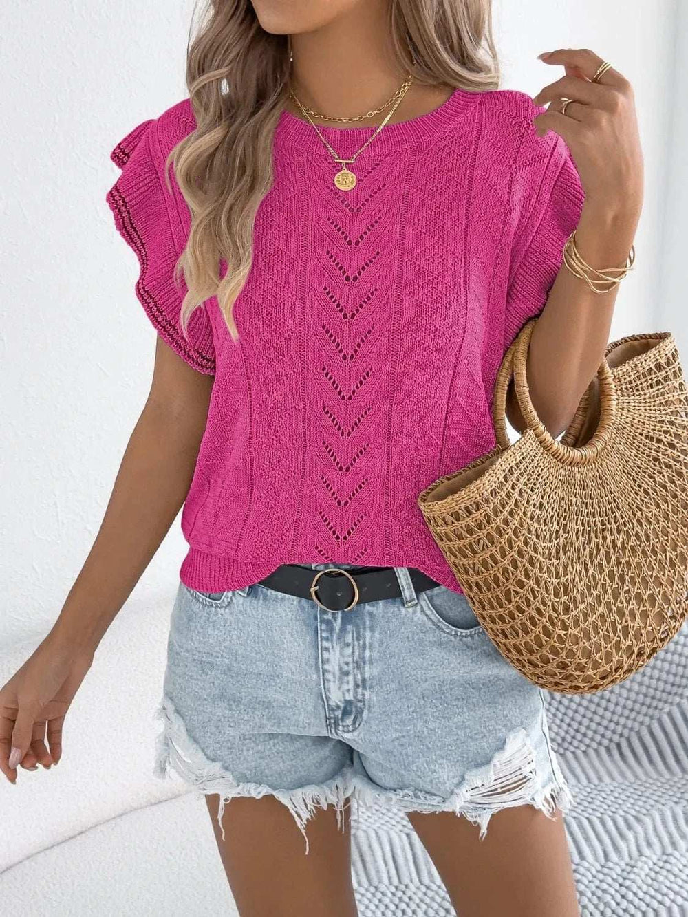 Openwork Round Neck Cap Sleeve Knit Top - Trendsi - Flyclothing LLC