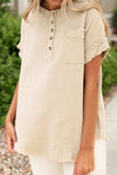 Textured Frayed Trim Half Button Short Sleeve Top - Trendsi - Flyclothing LLC