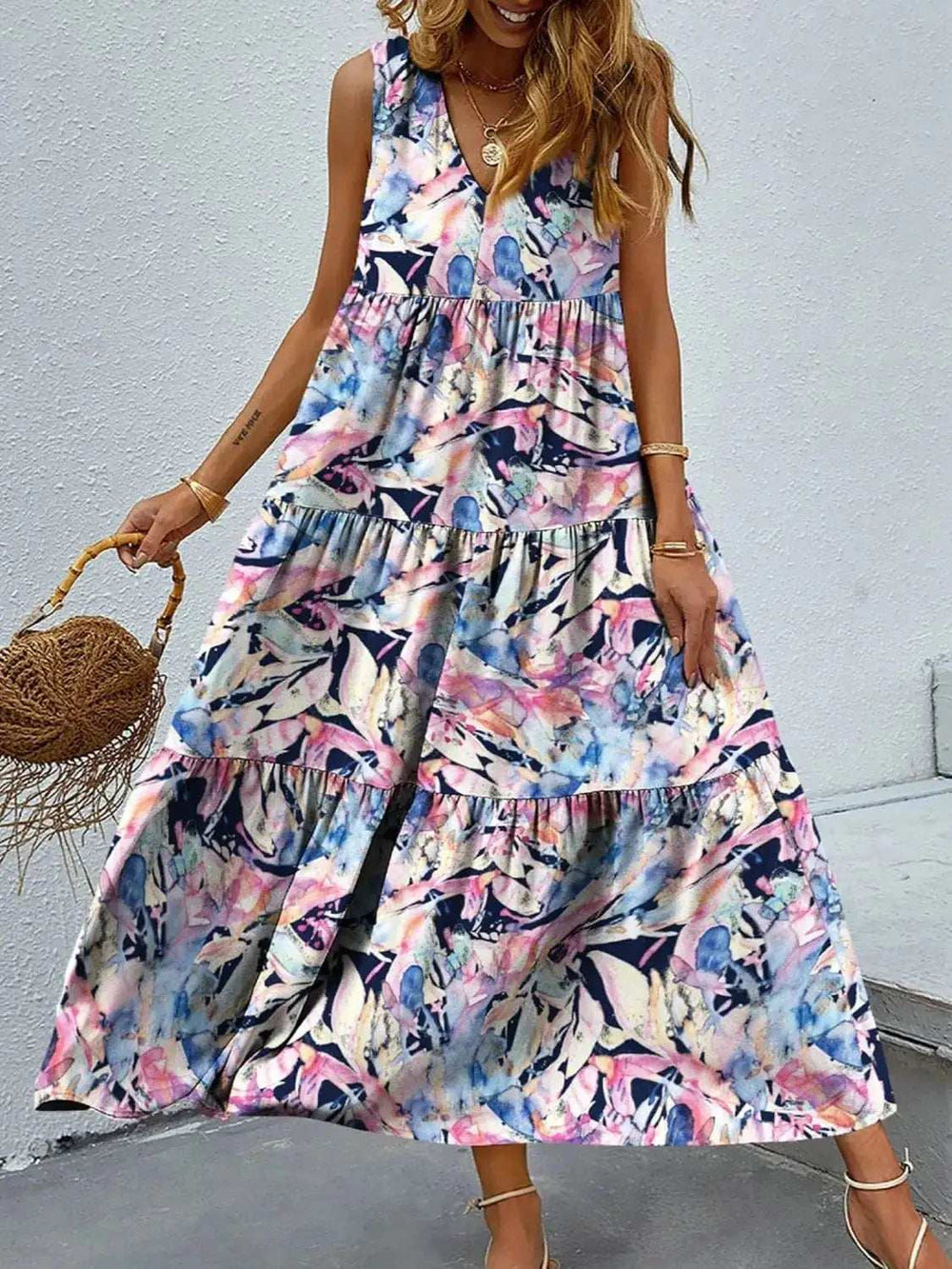 Printed V-Neck Tiered Maxi Tank Dress - Trendsi - Flyclothing LLC