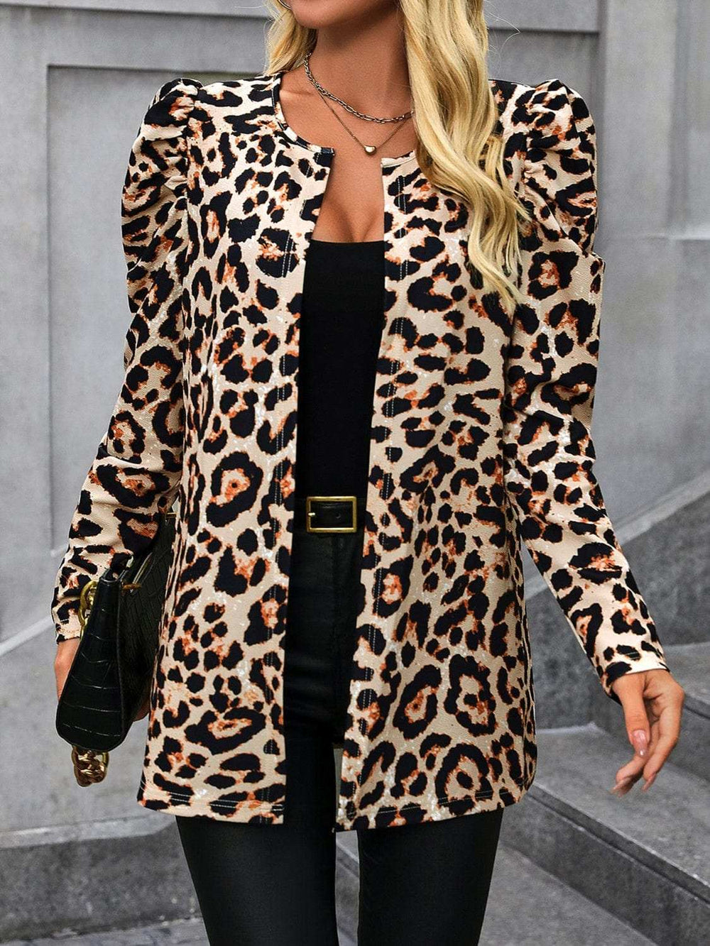 Leopard Open Front Puff Sleeve Jacket - Trendsi - Flyclothing LLC