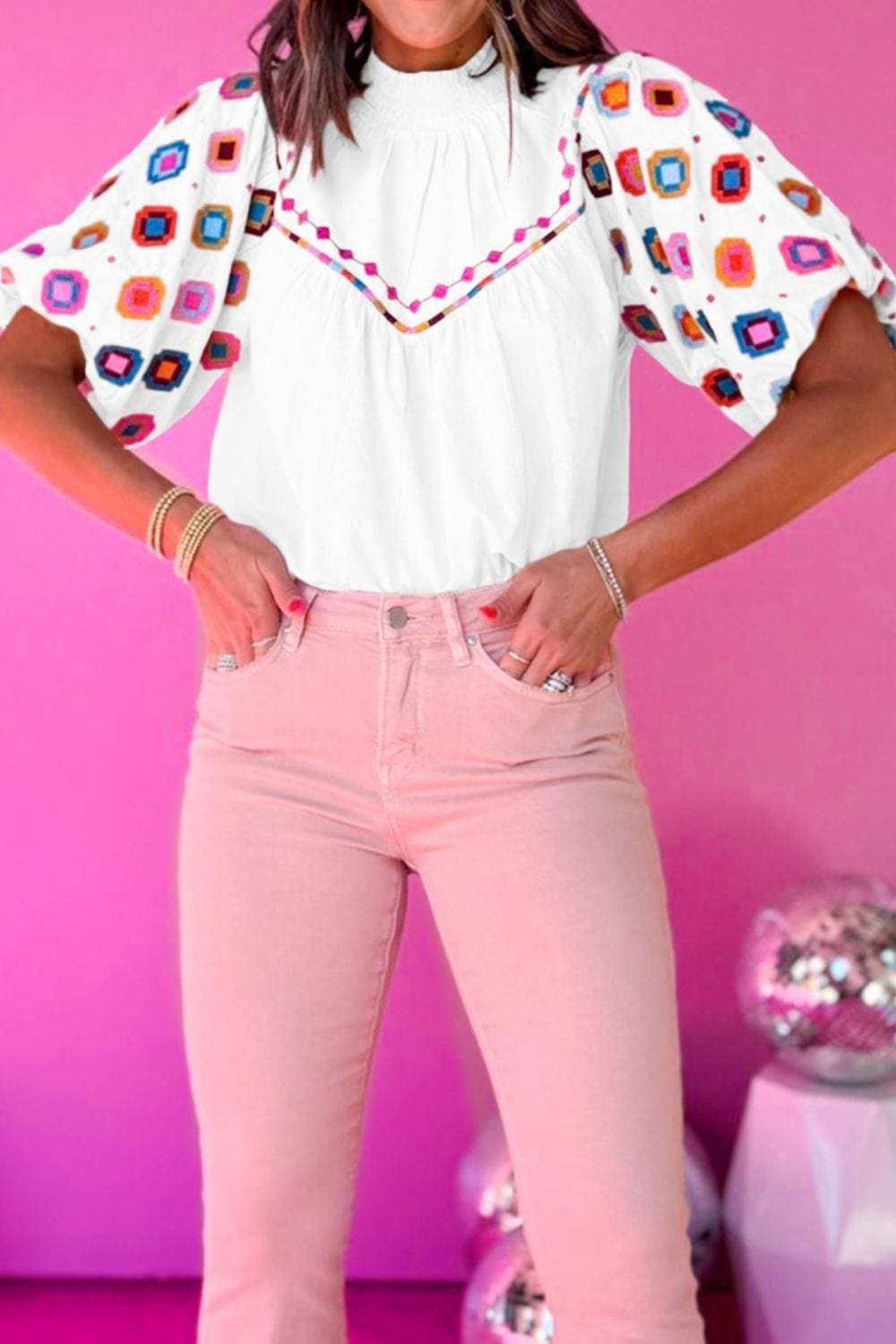 Smocked Neck Embroidered Puff Sleeve Top - Trendsi - Flyclothing LLC