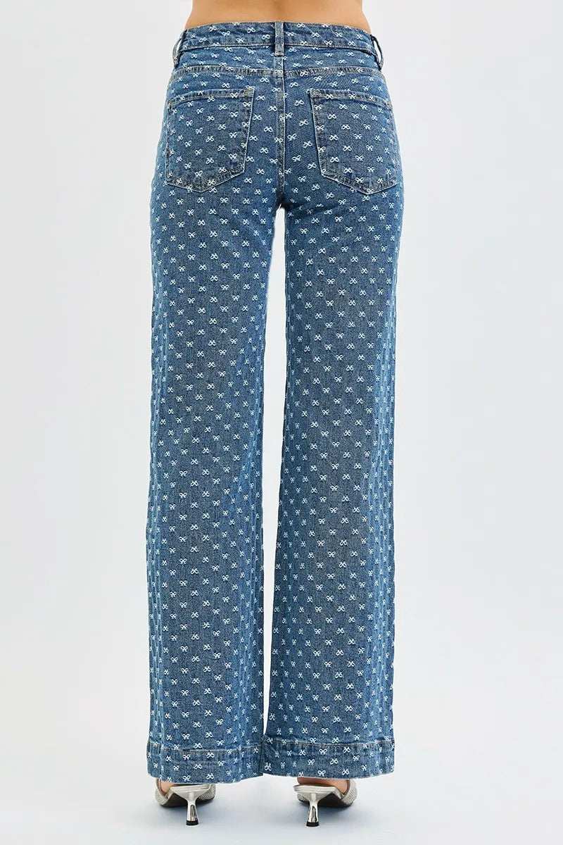 RISEN High Rise Wide Leg Bow Embroidered Jeans - Trendsi - Flyclothing LLC