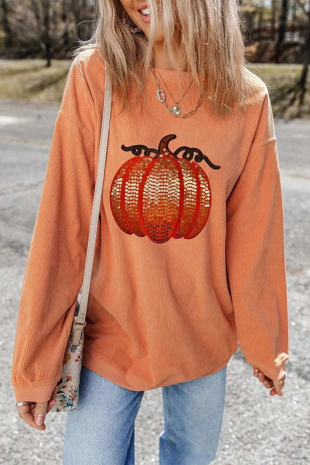 Sequin Pumpkin Round Neck Long Sleeve Sweatshirt - Trendsi - Flyclothing LLC