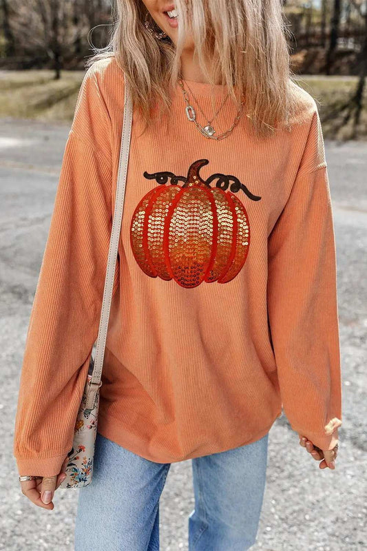 Sequin Pumpkin Round Neck Long Sleeve Sweatshirt - Trendsi - Flyclothing LLC