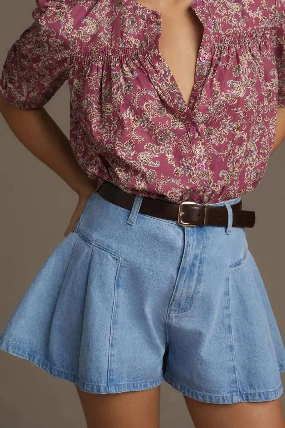 Pleated Patchwork Panel Lightweight Denim Shorts - Trendsi - Flyclothing LLC