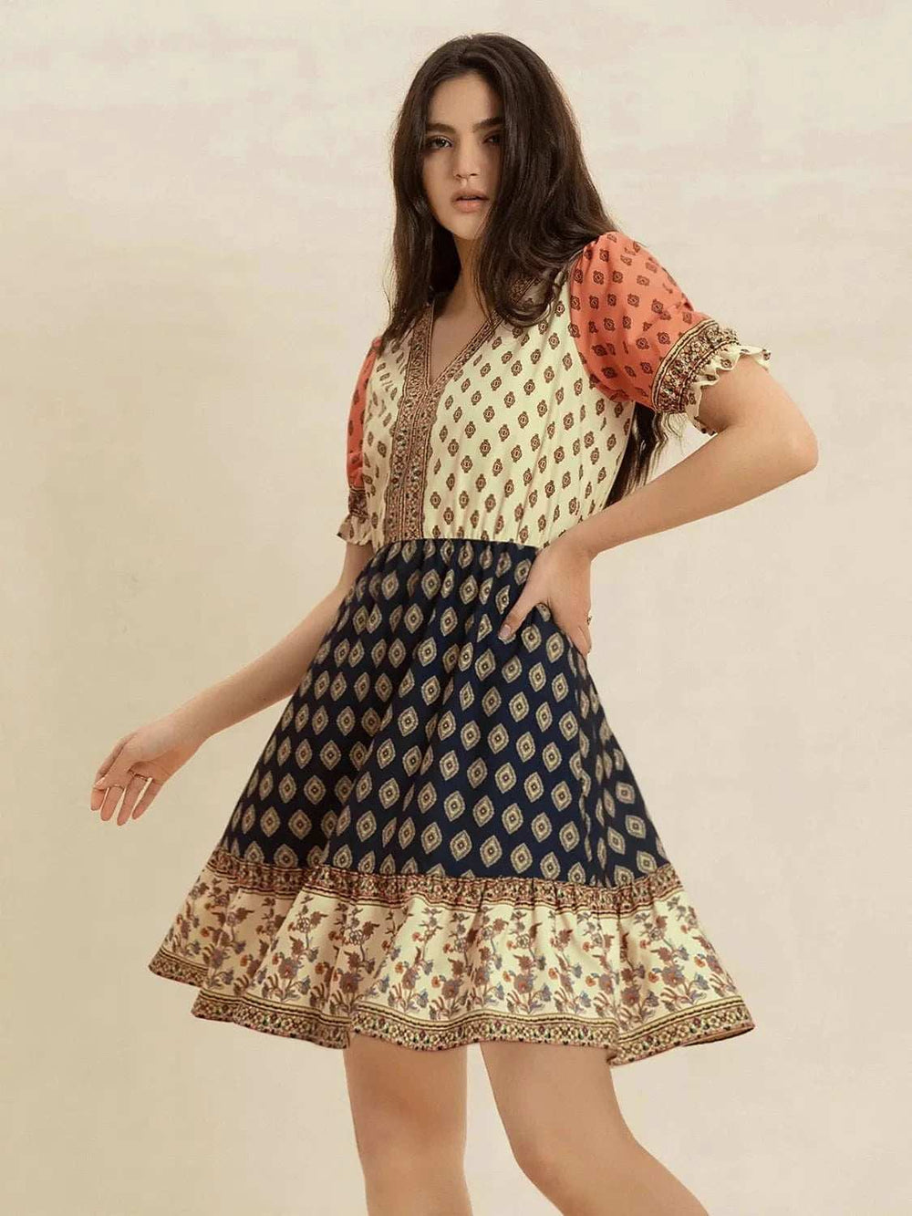 Printed V-Neck Short Sleeve Dress - Trendsi - Flyclothing LLC