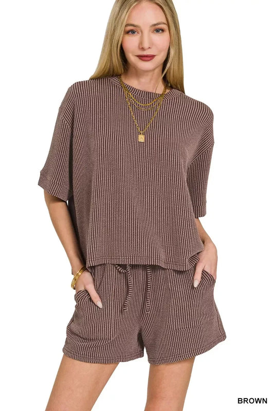 Zenana Raised Rib Short Sleeve Tee and Drawstring Shorts Set - Trendsi - Flyclothing LLC