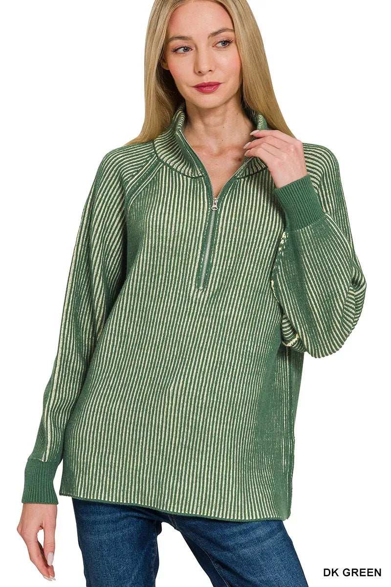 Zenana Ribbed Two Tone Half Zip Sweater - Trendsi - Flyclothing LLC
