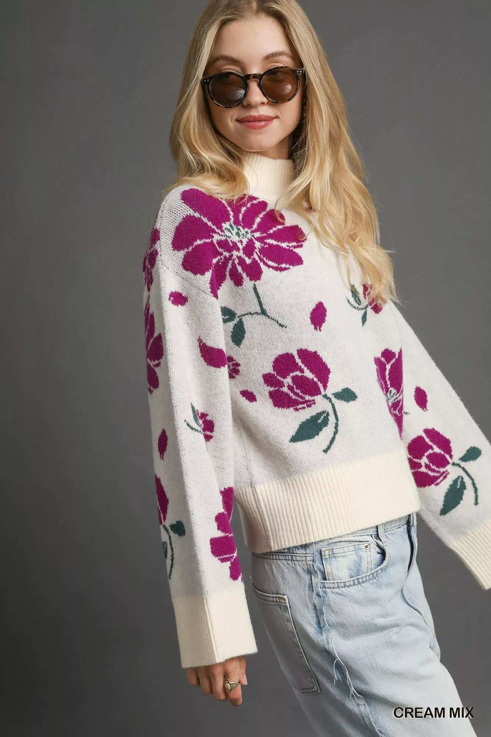 Umgee Floral Patterned Mock Neck Sweater - Trendsi - Flyclothing LLC