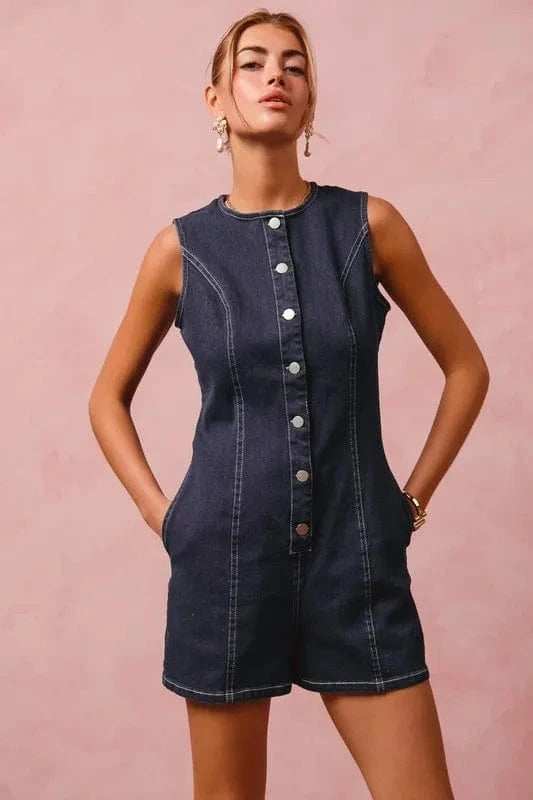 SO ME Button Up Front Washed Denim Sleeveless Romper - Trendsi - Flyclothing LLC