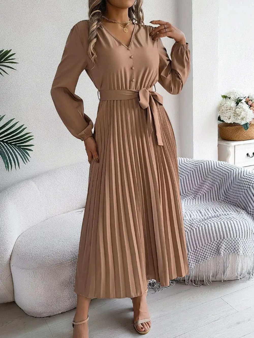 Pleated Tied V-Neck Long Sleeve Dress - Trendsi - Flyclothing LLC