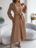 Pleated Tied V-Neck Long Sleeve Dress - Trendsi - Flyclothing LLC