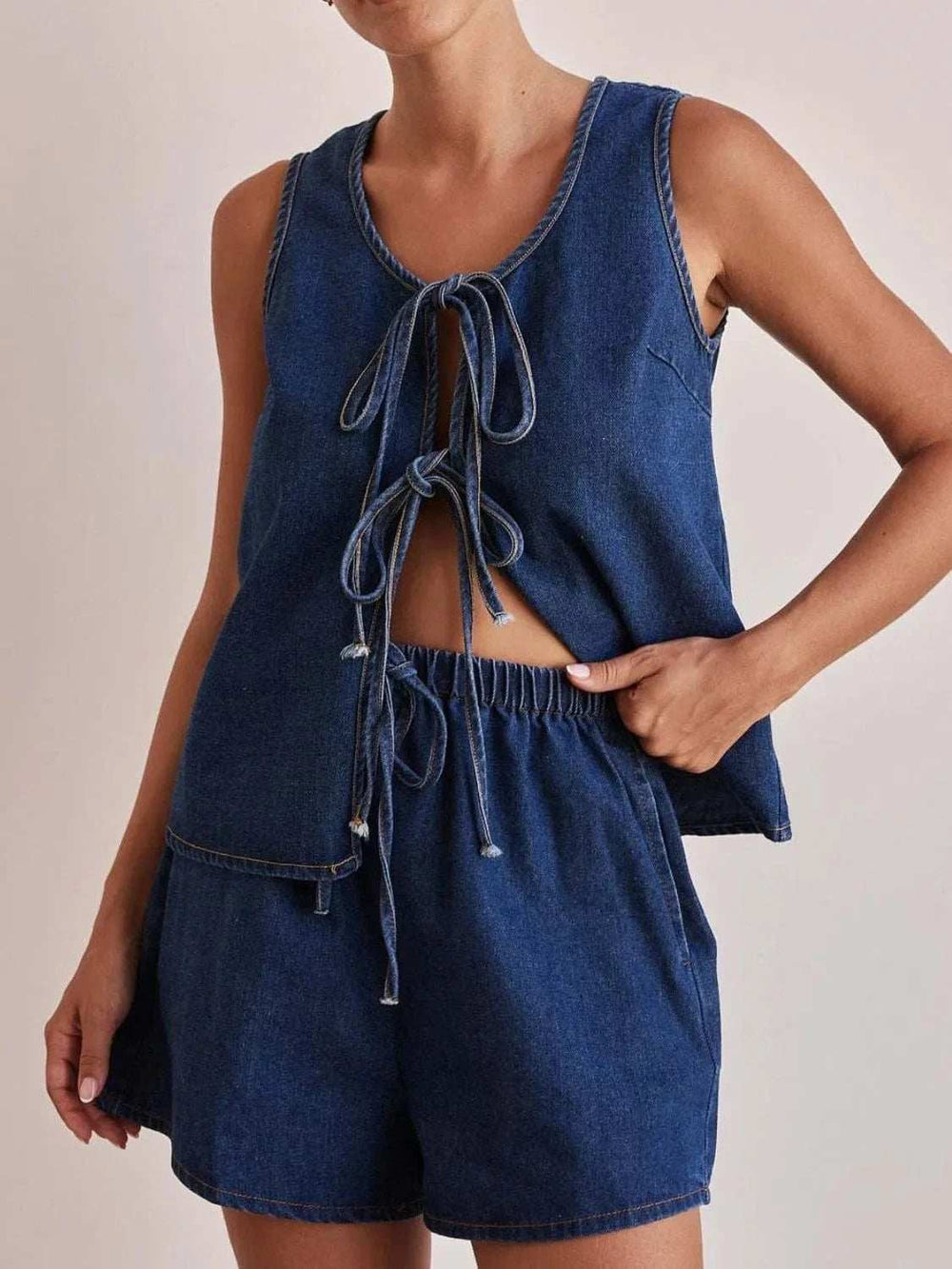 Tie Front Vest and Shorts Denim Set - Trendsi - Flyclothing LLC