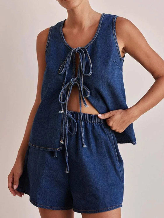 Tie Front Vest and Shorts Denim Set - Trendsi - Flyclothing LLC