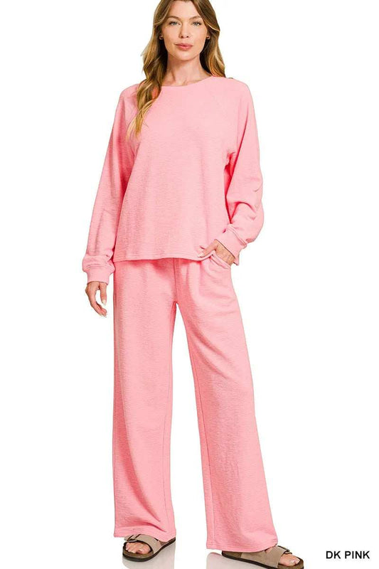 Zenana Slub Long Sleeve Top and Pants Lounge Set - Trendsi - Flyclothing LLC
