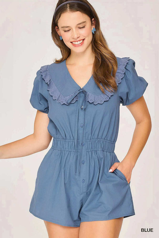 Umgee Collared Short Sleeve Button Down Romper - Trendsi - Flyclothing LLC