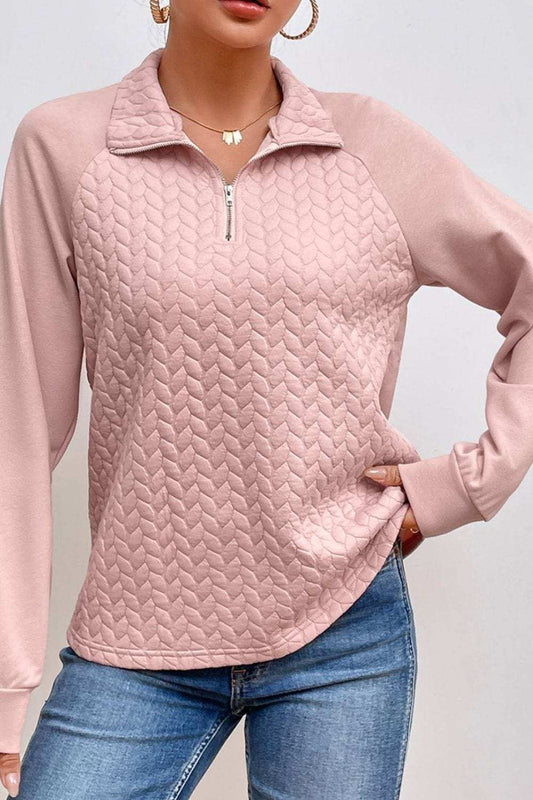 Textured Quarter Zip Long Sleeve Sweatshirt - Trendsi - Flyclothing LLC