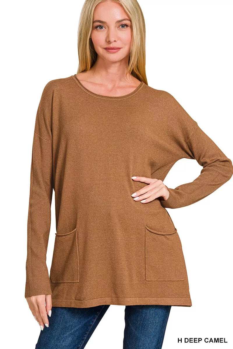 Zenana Viscose Long Sleeve Front Pockets Sweater - Trendsi - Flyclothing LLC