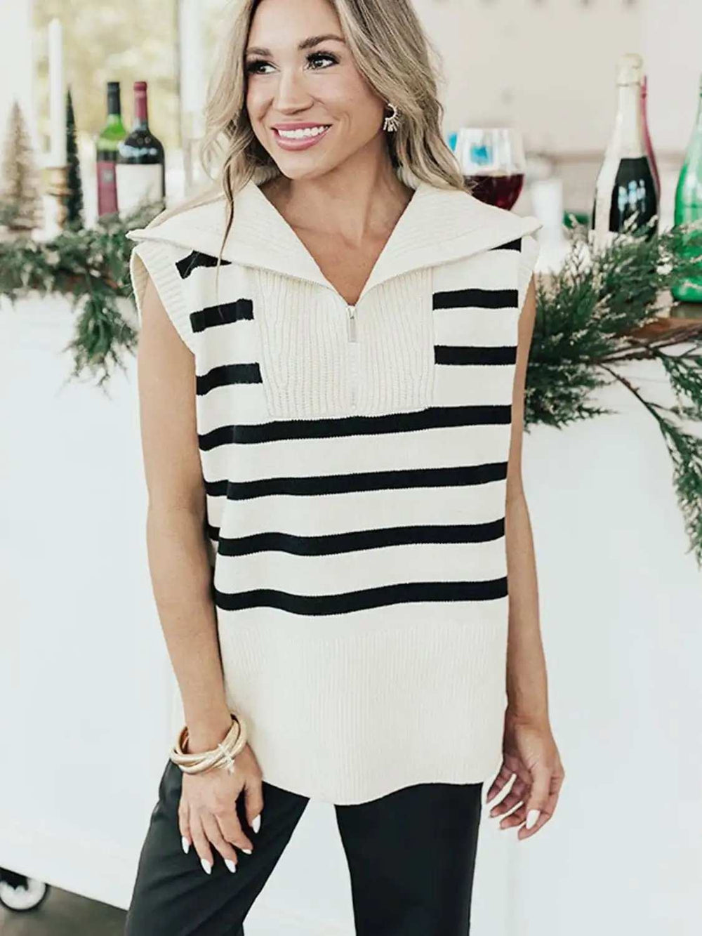 Striped Half Zip Sweater Vest - Trendsi - Flyclothing LLC