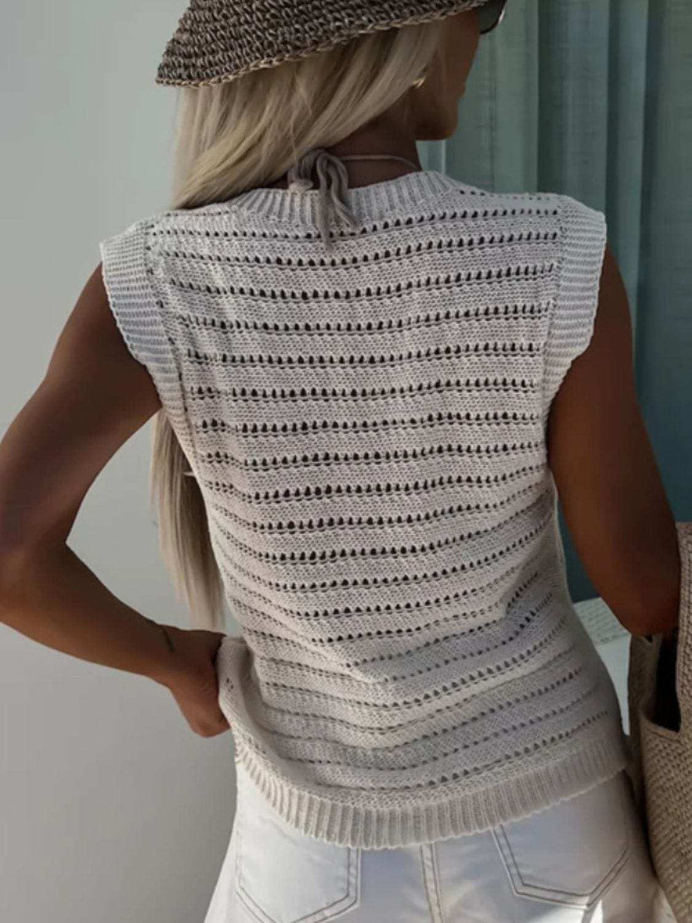 Openwork Round Neck Sweater Vest - Trendsi - Flyclothing LLC