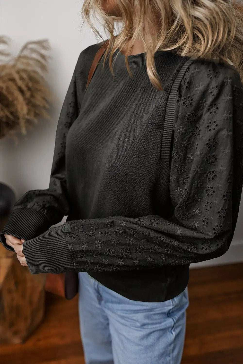 Eyelet Round Neck Long Sleeve Sweatshirt - Trendsi - Flyclothing LLC