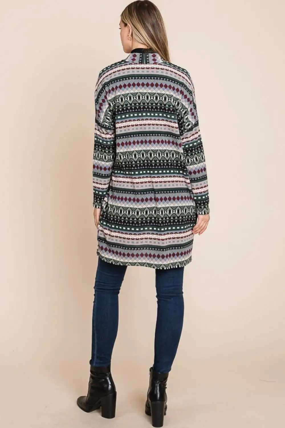 BOMBOM Geometric Open Front Long Sleeve Cardigan with Pockets - Trendsi - Flyclothing LLC