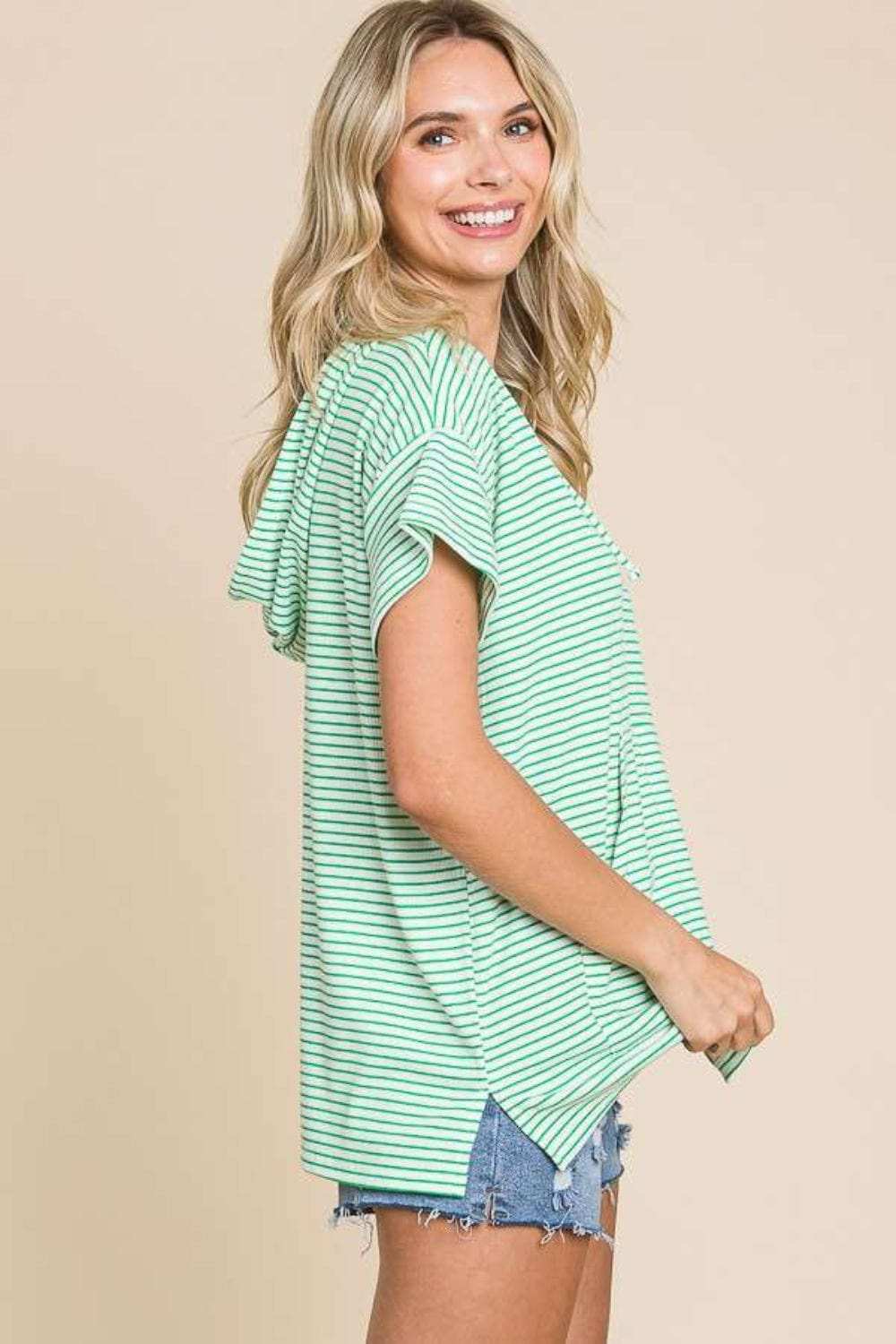 Culture Code Full Size Striped Short Sleeve Hooded Top - Trendsi - Flyclothing LLC