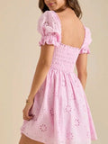 Eyelet Puff Sleeve Smocked Mini Dress - Trendsi - Flyclothing LLC