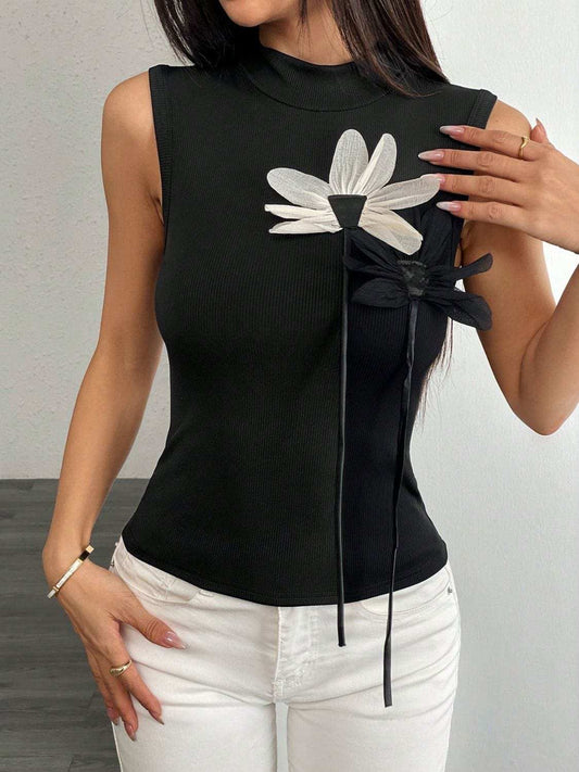 Flower Mock Neck Tank - Trendsi - Flyclothing LLC
