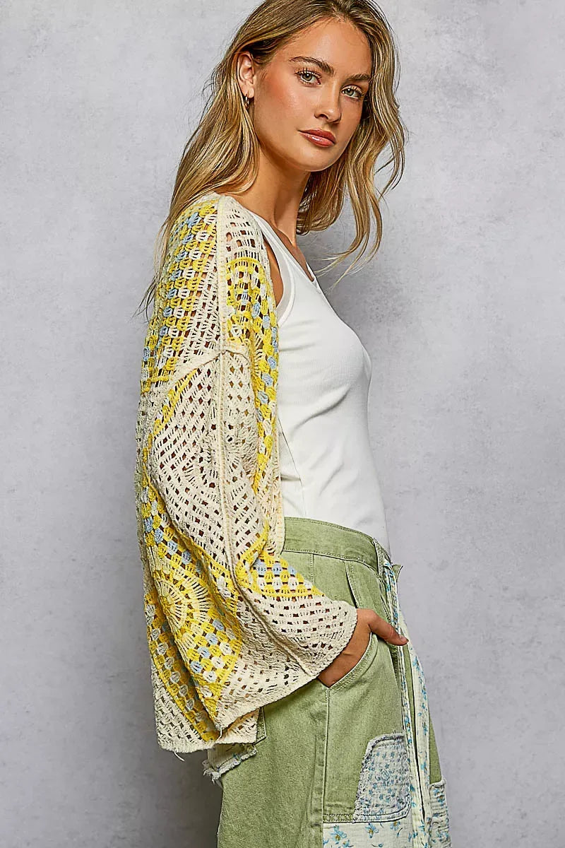 POL Open Front Crochet Cardigan with Granny Square Pattern - Trendsi - Flyclothing LLC
