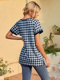 Houndstooth V-Neck Short Sleeve T-Shirt - Trendsi - Flyclothing LLC