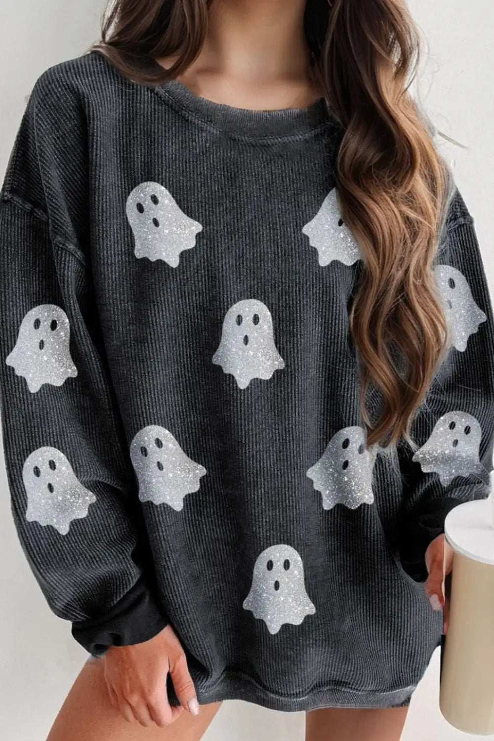 Glitter Ghost Round Neck Long Sleeve Sweatshirt - Trendsi - Flyclothing LLC