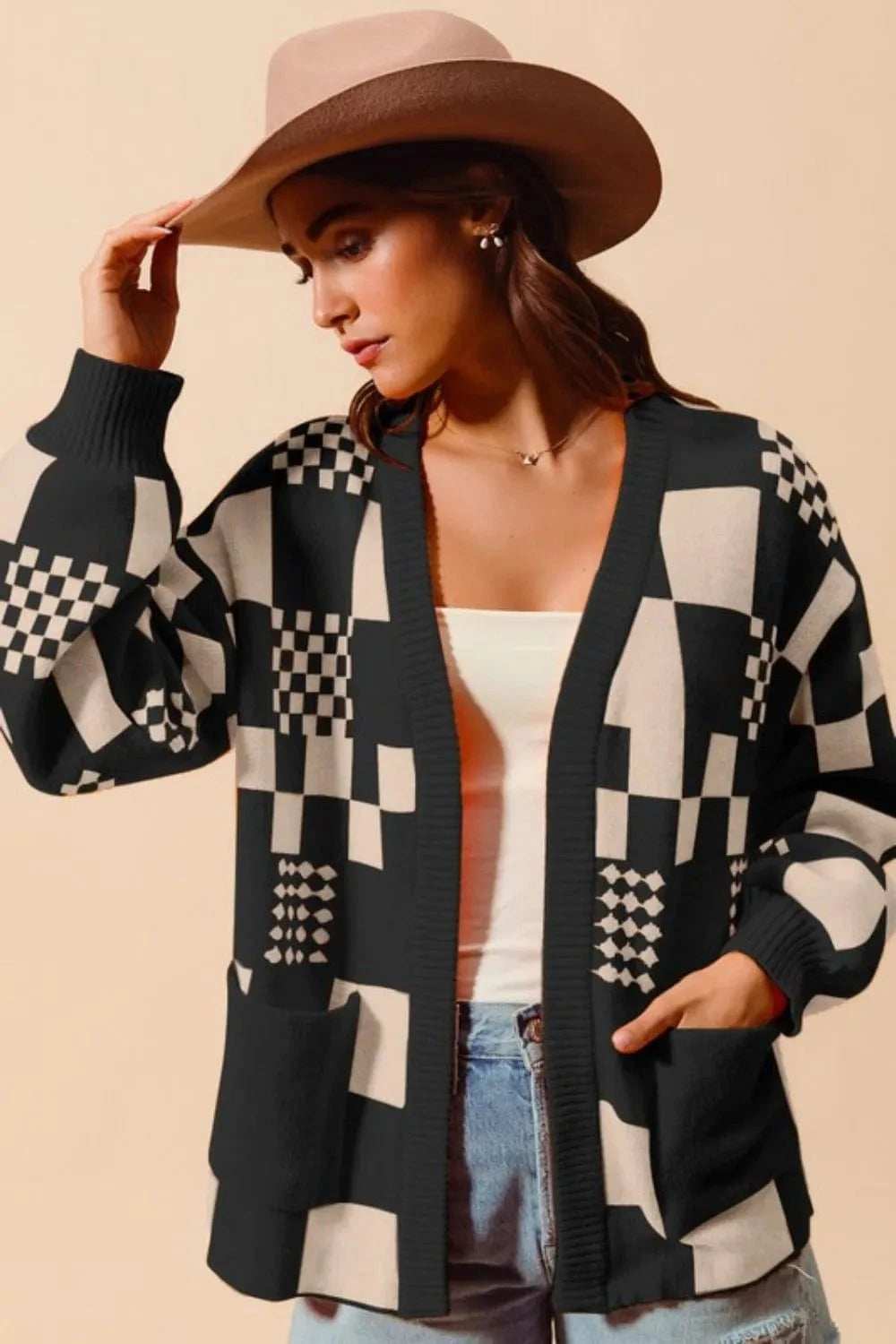 SO ME Checkered Open Front Cardigan with Pockets - Trendsi - Flyclothing LLC