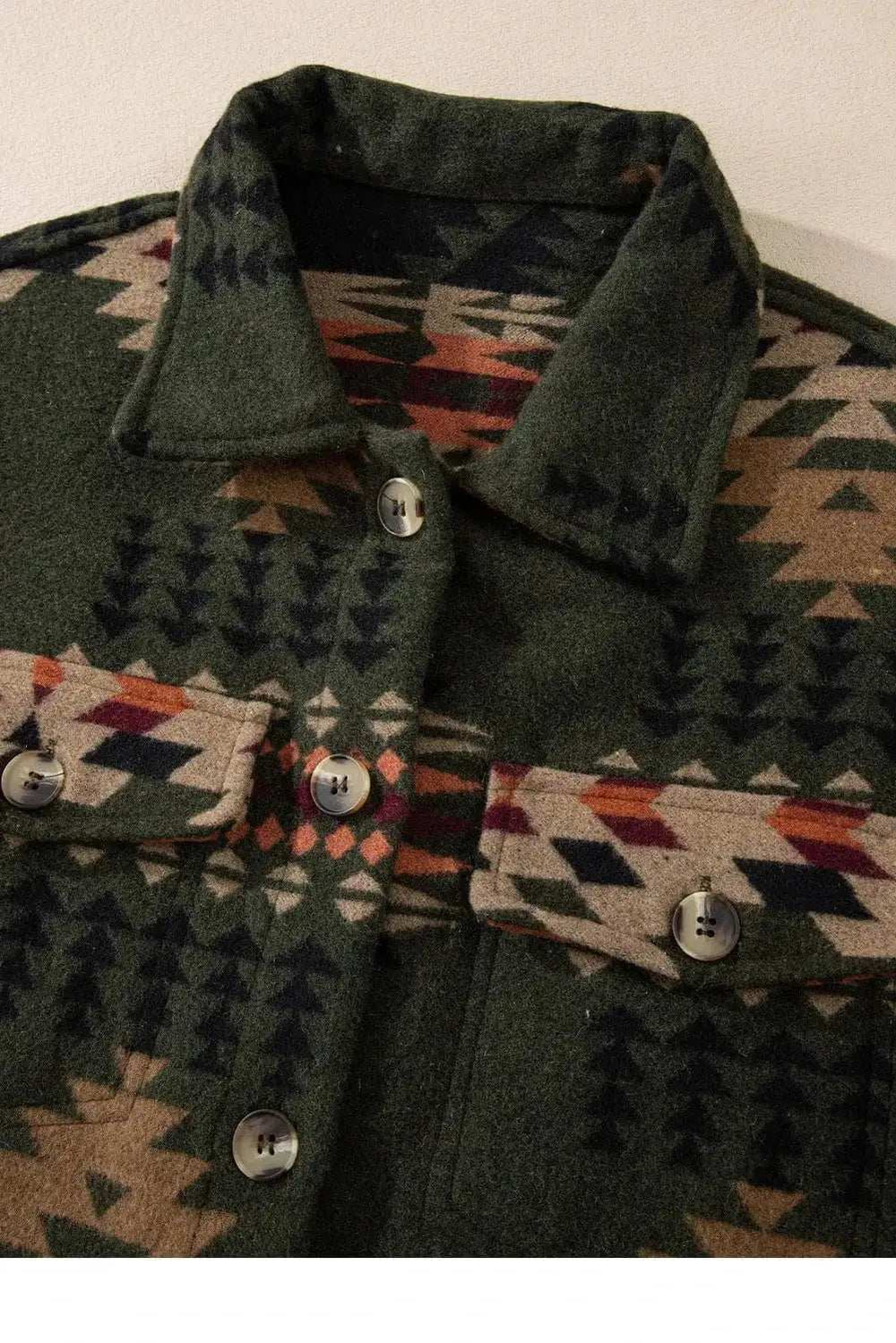 Pocketed Geometric Collared Neck Jacket - Trendsi - Flyclothing LLC