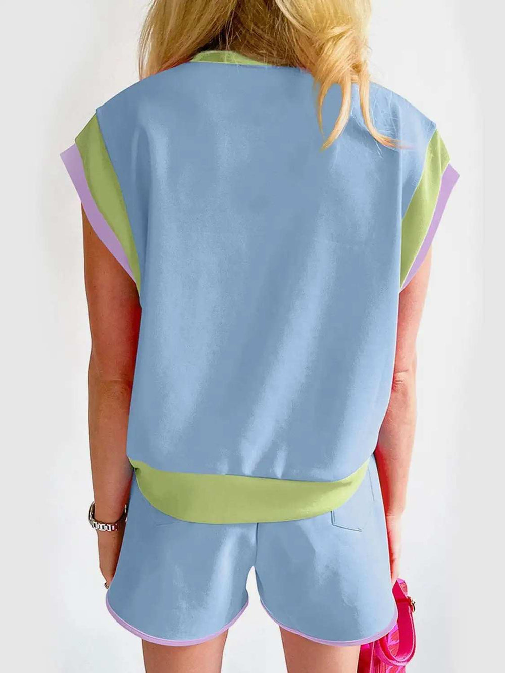 Contrast Round Neck Top and Shorts Set - Trendsi - Flyclothing LLC