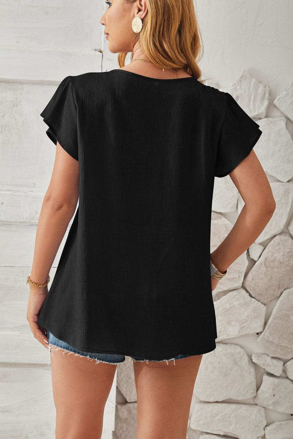 Ruched V-Neck Flounce Sleeve Blouse - Trendsi - Flyclothing LLC