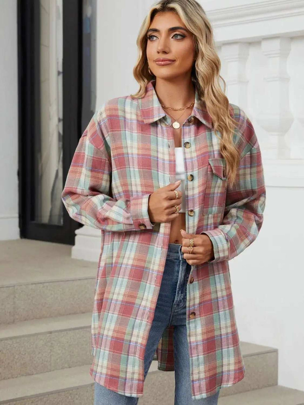 Plaid Collared Neck Long Sleeve Shirt - Trendsi - Flyclothing LLC
