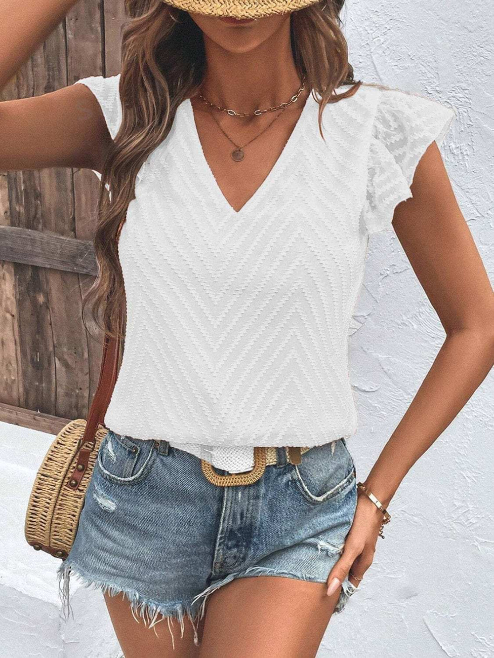 Textured V-Neck Cap Sleeve Blouse - Trendsi - Flyclothing LLC
