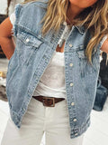 Button Flap Pocket Frayed Detail Denim Vest - Trendsi - Flyclothing LLC