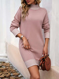 Striped Mock Neck Long Sleeve Sweater Dress - Trendsi - Flyclothing LLC