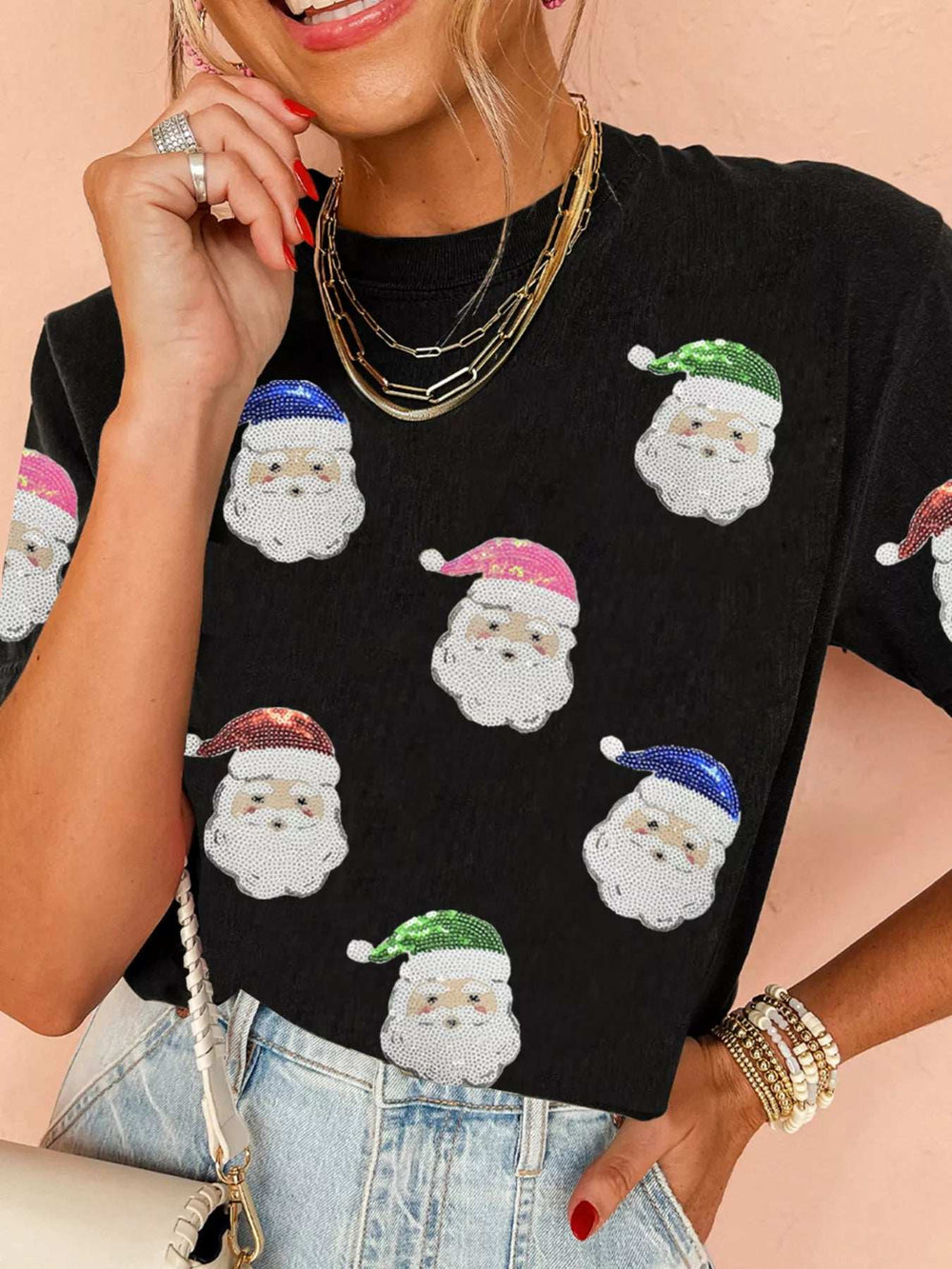 Christmas Santa Sequin Short Sleeve T Shirt - Trendsi - Flyclothing LLC