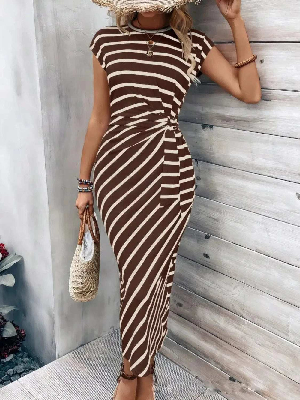 Striped Round Neck Cap Sleeve Midi Dress - Trendsi - Flyclothing LLC