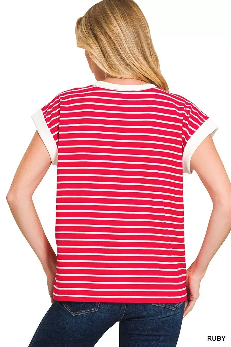 Zenana Full Size Contrast Trim Cap Sleeve Stripe Tee Plus Size - Trendsi - Flyclothing LLC